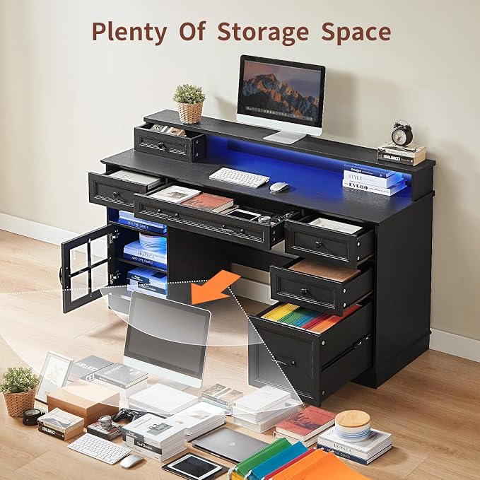HAUOMS Farmhouse Executive Desk Computer Desk with Drawers，Black | Executive Office Desk with File Drawers, Power Outlet, Led Lights, Storage Cabinet and Monitor Shelf for Home Office