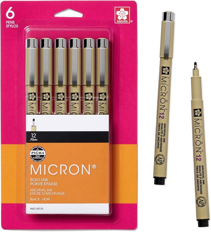 SAKURA Pigma Micron Fineliner Pens, 12 Tip Size, Archival Black Ink, 6 PK 50132 | Archival Pigment-Based Black Ink Pens for Writing, Illustration & Journaling, Precise Points & Lines, No Bleed