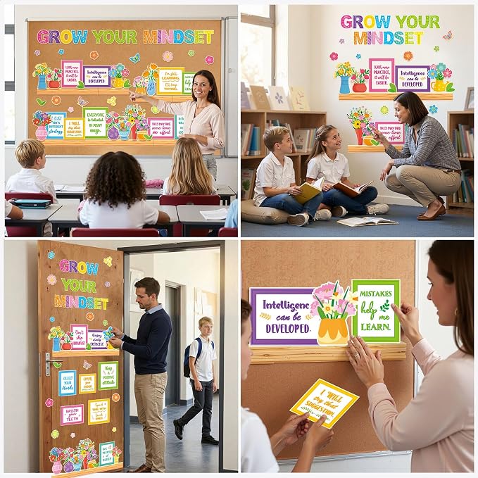 Qilery Growth Mindset Bulletin Board Set - Spring Floral Classroom Decor | Growth Mindset Positive Affirmation Wall Art, Motivational Potted Plant Cutouts for Teacher & Elementary School Counselor