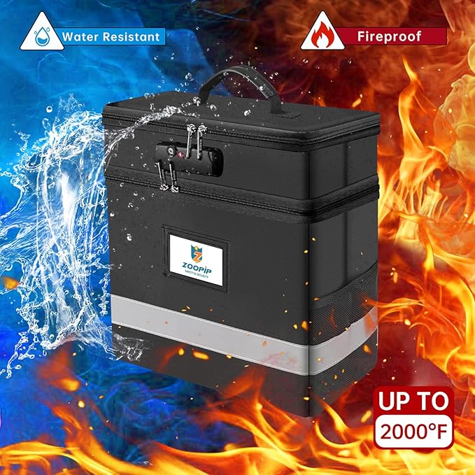 Fireproof File Box with Lock, 2 Layer Document Box Storage Organizer, Suitable for Hanging File Folders in Letter Size, Collapsible File Box, Reflective Strip for Fast Find (12.2*6*12.2, Black)