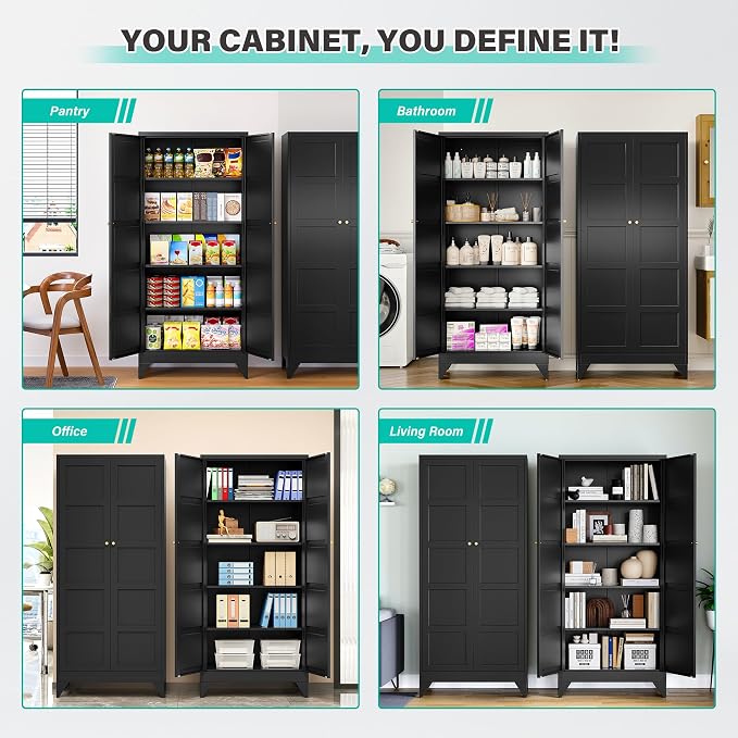 Pantry Storages Cabinet with 2 Doors and 5 Shelves,Tall Storage Cabinet,Large Cupboard Closet,Metal Storage Cabinet for Home,Bathroom,Dining/Living Room (Black, 71" H)