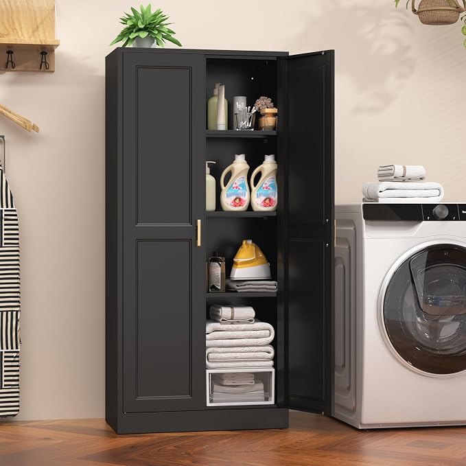 60" Tall Kitchen Pantry Cabinet, Metal Storage Cabinet with Doors | Kitchen Cabinet with 4 Adjustable Shelves, Tall Food Pantry Cabinet, Black Cupboard for Kitchen, Dining Room, Garage & Office