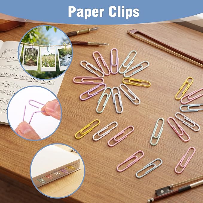 SUMAJU 500 PCS Colored Paper Clips, 33 mm/1.3Inch Assorted Paperclips | Macaron Color, Rust-Resistant Metal, Smooth Vinyl Coating, Reusable Storage Box, For Office, School, Home, Diy