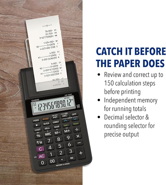 Casio HR-10RC Mini Desktop Printing Calculator, Black | Portable, 12-digit display, one-color printer, tax & currency; ideal for bookkeeping