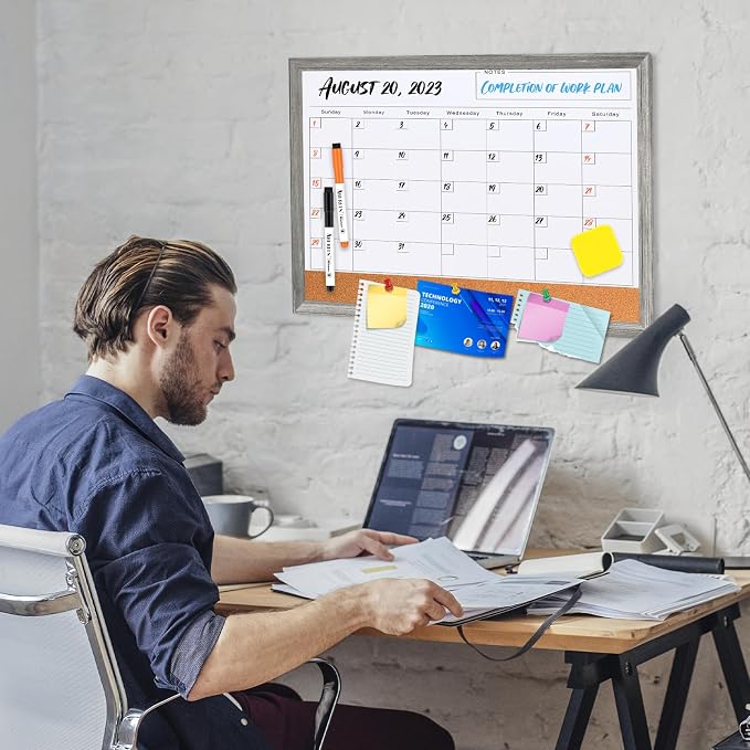 White Board Calendar Dry Erase Board for Wall, Magnetic WhiteBoard, 17"x13" | Hanging Board, Grey Wood Frame White Board and Cork Board Combo, Calendar Bulletin Board for Kitchen Planner Memo Office