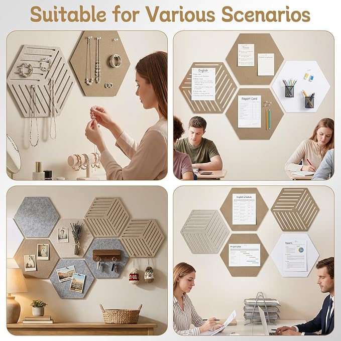 10 Pack Hexagon Cork Board, 12" x 10" Self-Adhesive Felt Bulletin Board Tiles with 40 Pushpins, Pin Boards for Wall Decor Home Office School DIY Display Boards for Photos (Camel Color Theme)