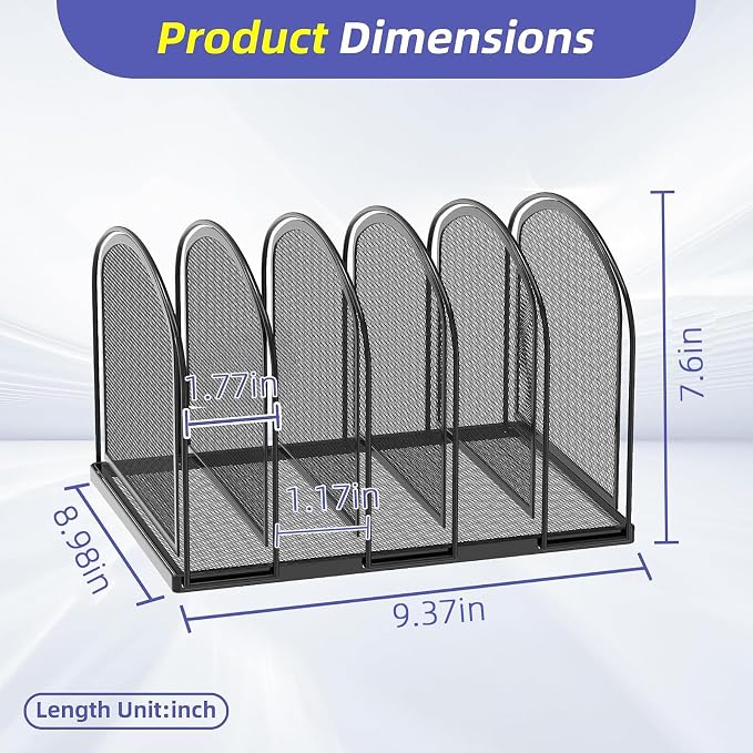 5-Section File Organizer for Desk, Metal File Folder Holder, Black | 5 Vertical Compartments with Sturdy Metal Base for Office Documents Books Magazines and Laptop