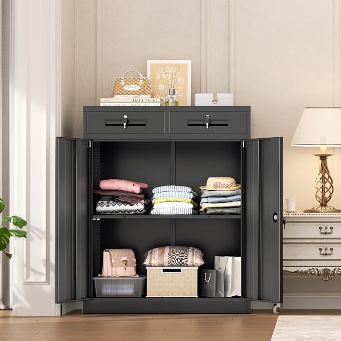 Metal Garage Storage Cabinets with Lock,Steel Storage Cabinet with Drawer and 2 Adjustable Shelves, Small Lockable Office Steel Cabinet for Home, Warehouse, School, Black