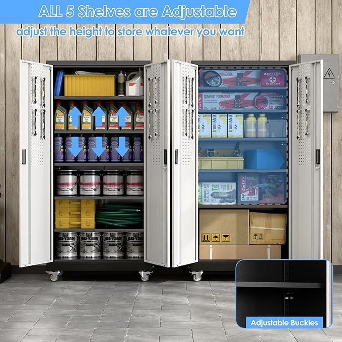 Aobabo Upgraded Garage Storage Cabinets with Wheels,Metal Storage Cabinets with 5 Adjustable Shelves for Garage Home Office Storage, Black&Silver,71''H*32''W*16''D,Assembly Required