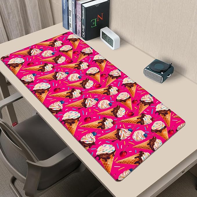 Ice Cream Pink Extended Mouse Pad 31.5x11.8in, Pink Dessert Pattern Large Desk Mat with Non-Slip Rubber Base, Big Mousepad for Laptop Computer PC, Gaming Office Home Decor, Deskmat Gifts
