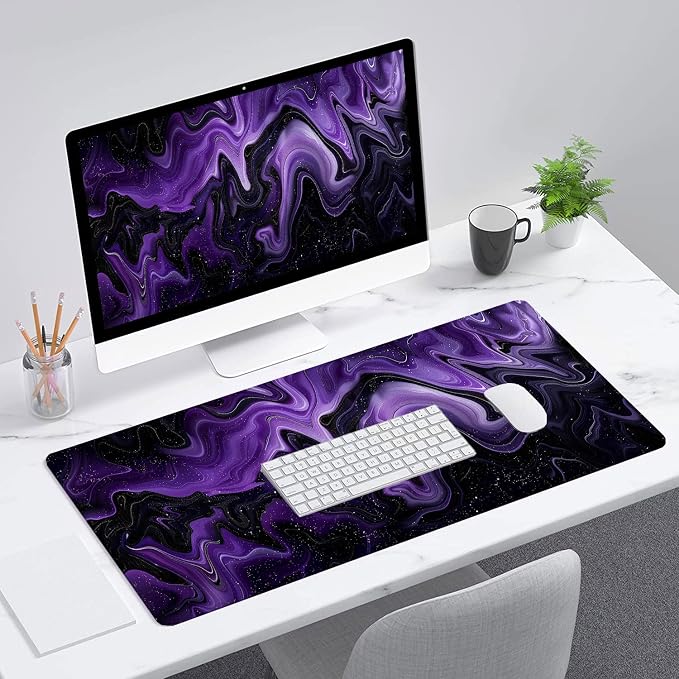Dark Purple Ripples Desk Pad Mouse Pad Black Purple Lines Large Gaming Mouse Mat with Stitched Edges,Non-Slip Waterproof Rubber Base Mous Mat Office Computer Keyboard Laptop Home 35.4"x15.7"