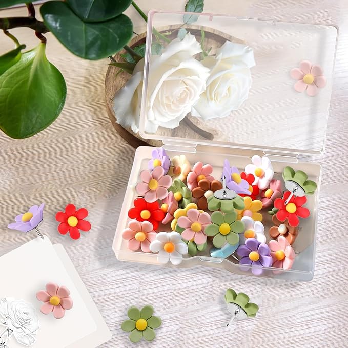 Flower Push Pins - 50 Pcs Cute Decorative Colorful Floral Thumb Tacks for Cork Board Wall Bulletin Board Travel Map Photo Home Office Supplies Accessories