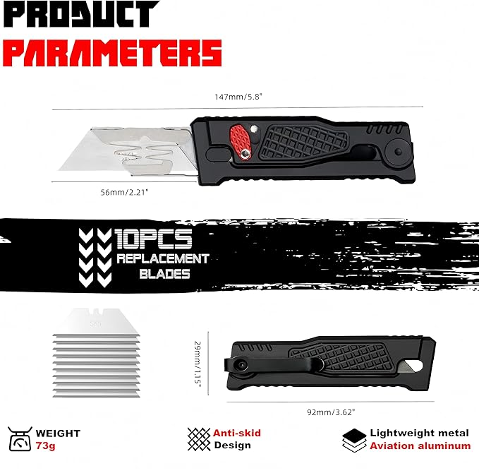 5.8" Aluminium Utility Knife, EDC Box Cutter with Clip, CNC Unibody, Lightweight All Metal Folding Box Cutter, Ideal Gifts for Men Women, with 10 Extra Blades（Black）