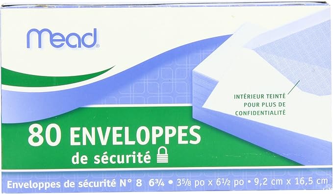Mead #6-3/4 Envelopes, Security Printed Lining for Privacy, Gummed Closure, 3-5/8" x 6-1/2", All-Purpose 20-lb Paper, White, 80 per Box (75212) (Pack of 2)