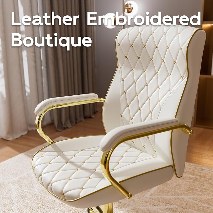 White and Gold Office Chair, Luxury Leather Executive Desk Chair | Elegant Timeless Appeal, Vintage Mid Back Styling with Wheels and Padded Arms, Thick High Density Foam Comfort