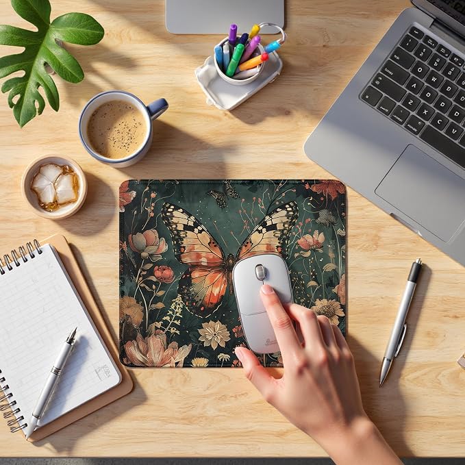 Moody Floral Butterfly Mouse Pad, Dark Contemporary Botanical Butterfly Mouse Pads Mousepad for Desk Home Office Dorm Laptop, Gothic Nature Office Supplies Desk Accessories, 9.5x7.9 Inch