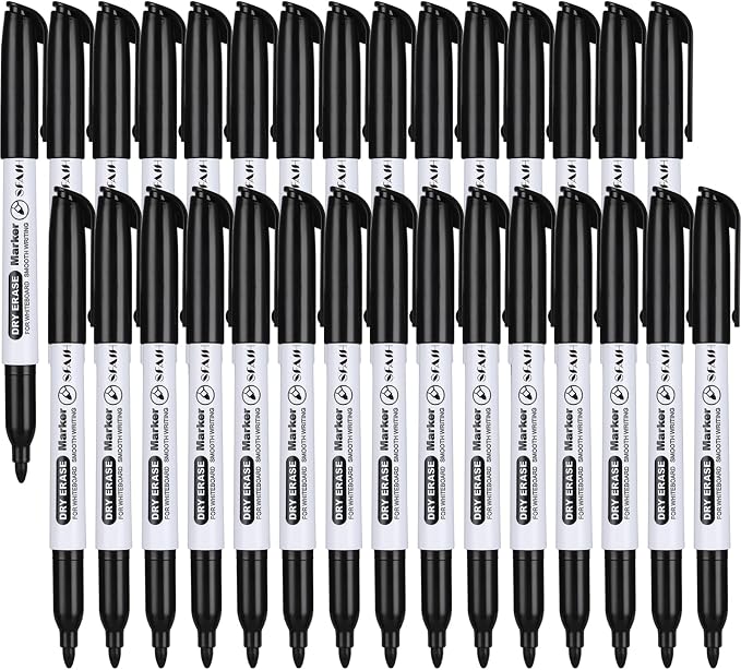 SFAIH Fine Tip Dry Erase Markers, 30 Pack, Black, Low Odor, Non-Toxic | Easily Erases, Clear Reusable Storage Case, Perfect for Whiteboards, Ideal for Classroom, Office, Home, Back to School