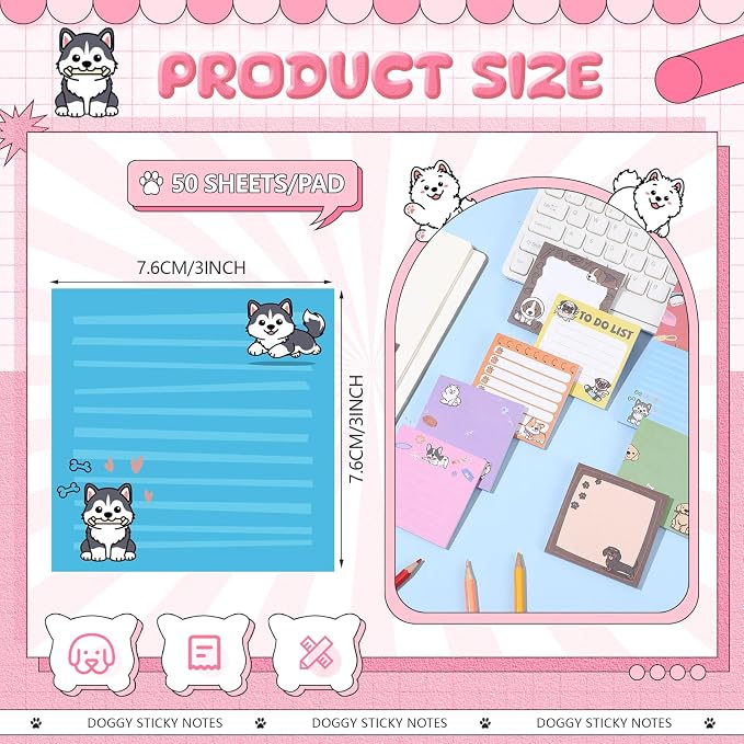9 Pads Dog Sticky Notes, 3x3 Inch Cute Stick Notepads | Adhesive Memo Notes Pad, Coworker Gifts, Office Supplies Decor, Desk Accessories for Students, Teacher, Meeting