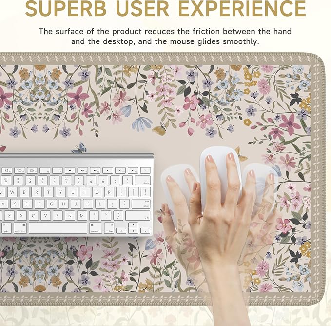 iCasso Floral Desk Mat,Cute Gaming Mouse Pad,Beige | Anti-Slip Desk Matt for Desktop,Soft Lycra Surface Computer Mat Women Girly for Home Office