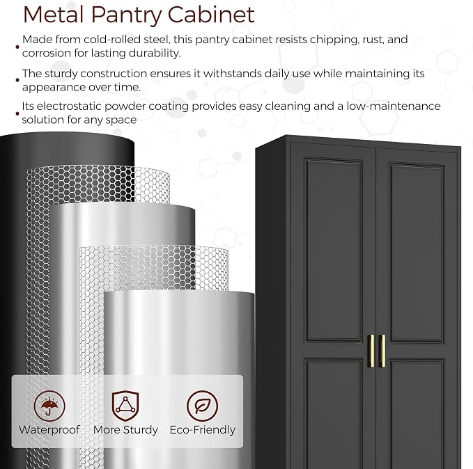 75" Metal Kitchen Pantry Cabinet, Storage Cabinets with 2 Doors | Kitchen Cabinet with 5 Adjustable Shelves, Tall Food Pantry Storage Cabinet, Cupboard for Kitchen, Dining Room, Living Room