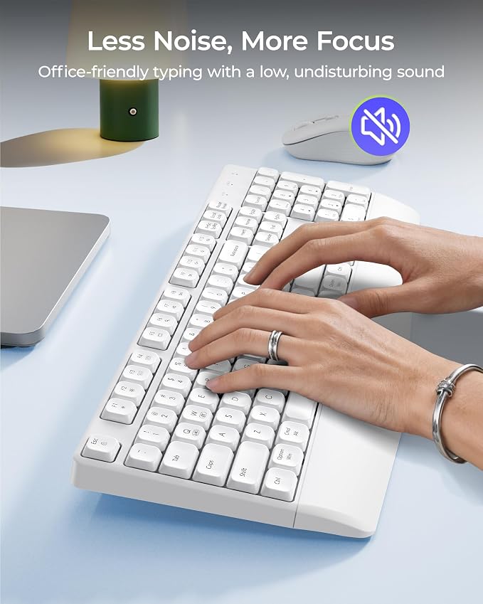 seenda COE200 Wireless Bluetooth Keyboard and Mouse Combo with Wrist Rest | USB/Bluetooth multi-device switching, quiet clicks, full-size ergonomic set for PC, laptop, Mac, and MacBook, White