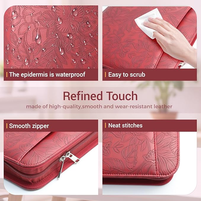 Western Embossed Faux Leather Zippered Padfolio with 3 Ring Binder, Executive Portfolio Organizer Binder for Women, Fits 13.9" Laptop/Tablet, Refillable Writing Pad Pocket, Red