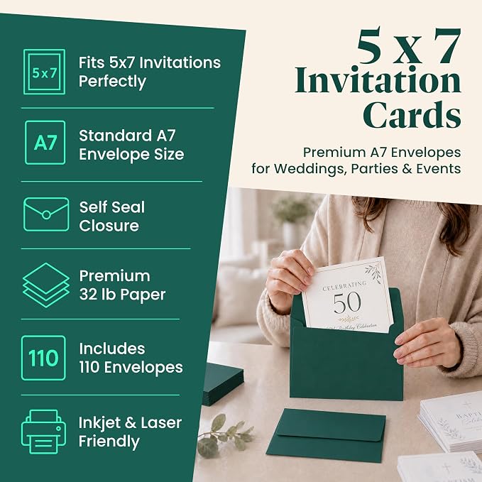 110 5x7 Pine Green Invitation Envelopes - for 5x7 Cards - A7 - (5 ¼ x 7 ¼ inches) - Perfect for Weddings, Graduation, Baby Shower - 120 GSM - Peel, Press & Self Seal - Square Flap