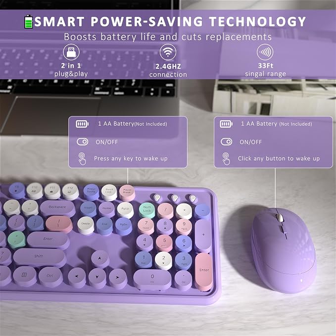 Links9+ Colorful Wireless Keyboard and Mouse Combo (Purple Colorful) | Full-Size Retro Typewriter Style Keyboard with Vintage Round Keycaps, 2.4G Wireless Set for Windows, Mac, Laptop, PC, Tablet