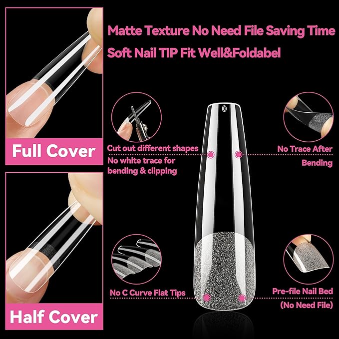 UNA GELLA Extra Long Coffin Nail Tips XXL Soft Gel Nail Tips 216pcs Coffin Pre-shape Press On Nails No C Curve Full Cover Ballerina Nail Tip Clear Fake Nail for Acrylic Nail Soak Off DIY Salon 12Sizes