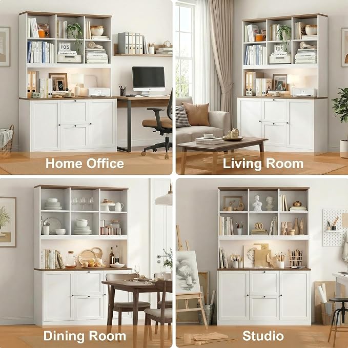 72'' Tall File Bookcase with Power Outlet & Printer Stand, 2 Filing Drawers | Bookshelf with Doors & 2 Adjustable Drawers for Hanging Letter/A4 File, Wood File Cabinets For Home Office Storage, White