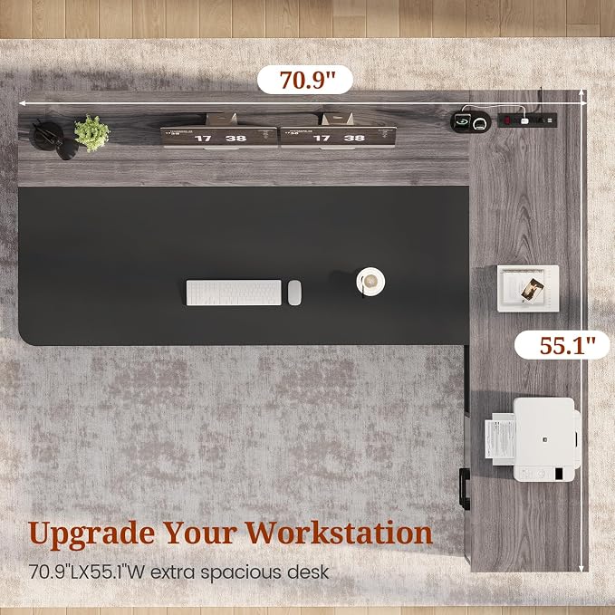 71" Executive Desk, Large Office Desk with Drawers & Storage Shelves, Modern L Shaped Computer Desk Corner Desk with Power Outlets, File Cabinet, Business Furniture Desk Workstation (Grey)