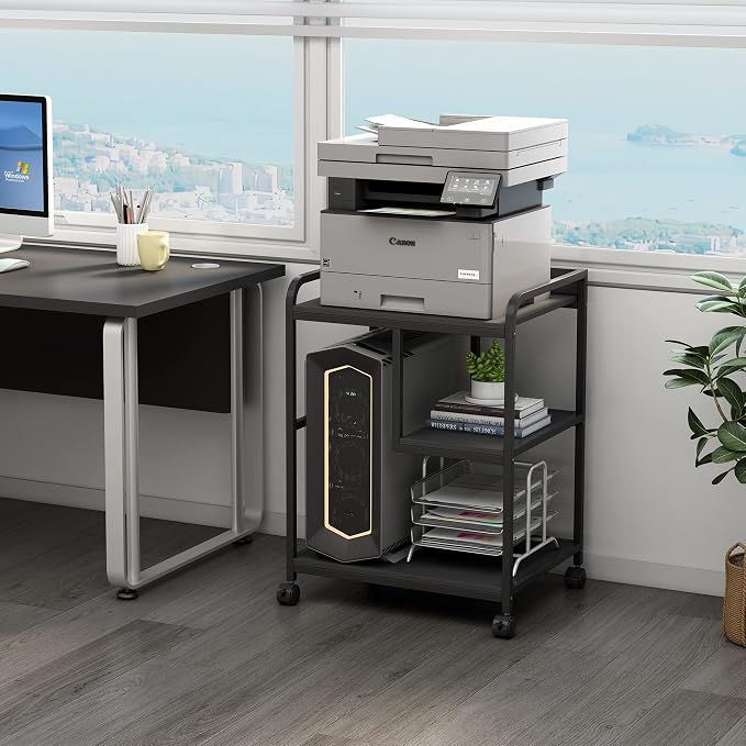 Fannova Printer Stand with Storage Shelf for PC Computer Tower CPU Shredder | Table for 22"x18" Large Printer, Rolling Printer Cart with Wheels for Home Office Organization, Black Color