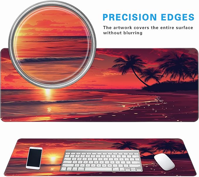 Sunset Beach Mouse pad with Tropical Ocean Landscape and Non-Slip Rubber Base Design for Personalized Office Desktop Decoration Accessories 31.5 x 11.8 in