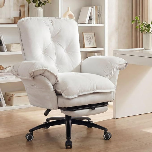 Criss Cross Office Chair with Flip Arms & Footrest, Comfy Desk Chair,Beige | Cross Legged Office Chair, Wide Seat Reclining Desk Chair with Wheels, Vanity Chair with Pocket Spring Seat and Side Pockets