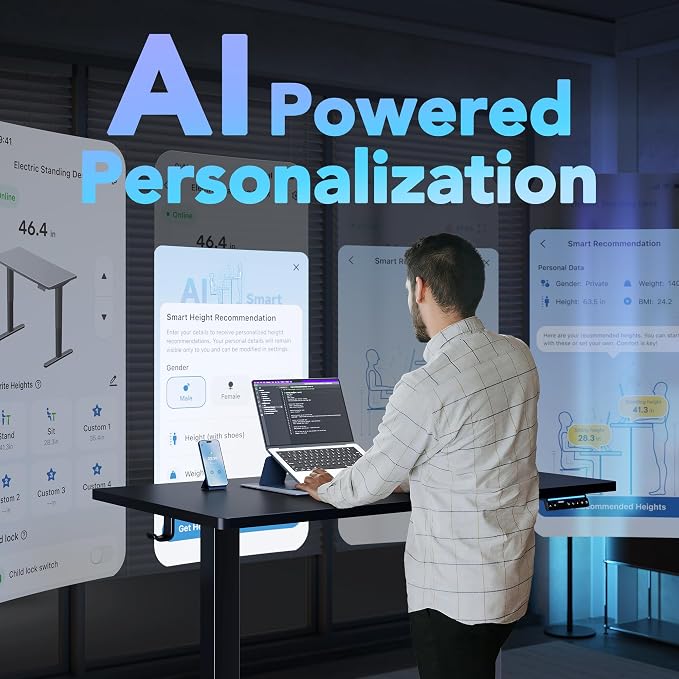 HUANUO One-Piece AI-Powered Electric Standing Desk, Smart APP, Work with Alexa & Google, Adjustable Height, 3 Memory Settings, Sedentary Reminder, Ergonomic Sit-Stand Desk, 48-inch, Black