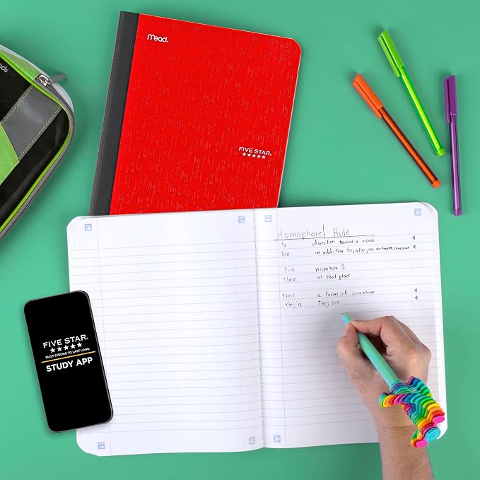Five Star Composition Book + Study App, 12 Pack, Wide Ruled Paper, 7-1/2" x 9-3/4", 80 Sheets, Forest Green, Tidewater Blue, Fire Red and Harvest Yellow (950033B-ECM)
