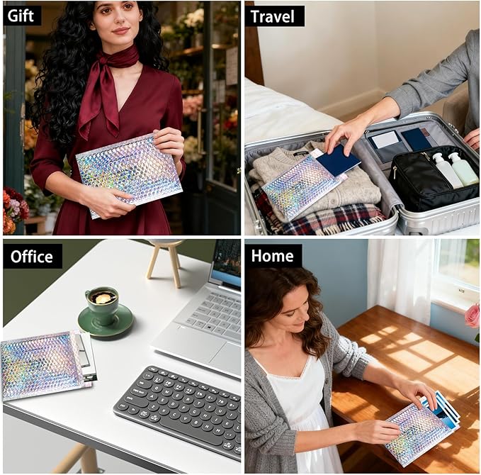 Metallic Bubble Mailers Set of 50, 3 Sizes Holographic Bubble Shipping Bags, Waterproof Self Seal Padded Cushion Envelopes for Packing, Mailing, Business, Jewelry, Makeup