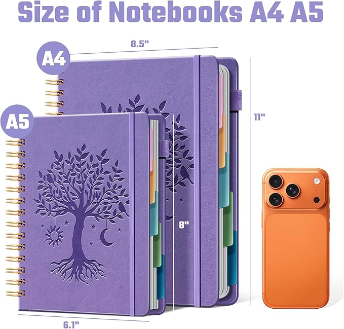Hardcover Spiral Notebook 6.1" x 8.4" with 5 Removable Dividers 300 Pages Leather 5 Subject Notebook College Ruled 100GSM Large Spiral Notebooks for Work Thick Lined Journal for Women, Purple