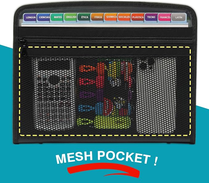 H4D Accordion File Organizer, 13 Pocket Expanding File Folder, Clear Pocket | Zippered, Front Mesh Pouch, Letter Size Paper, A4 Paper, Fit for Documents