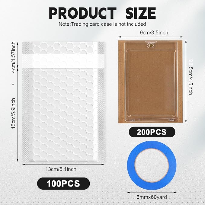 Tatuo 301 Pcs Trading Card Shipping Protector Set Include 200 Corrugated Cardboard Sheets Inserts 100 Poly Bubble Mailers Padded Envelopes and Masking Tape(White)