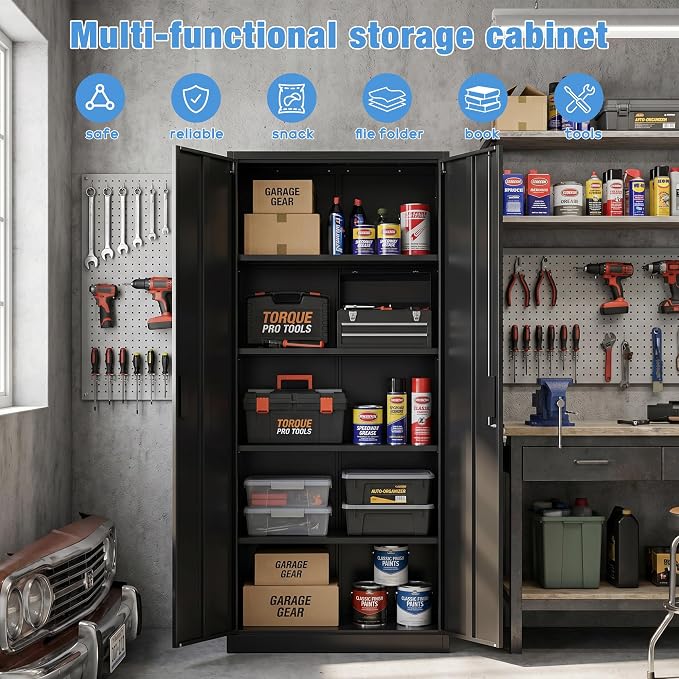 Metal Storage Cabinet with Doors and Shelves, 71" H Locking Steel Garage Cabinet for Home Office Studio Pantry,Tall Tool File Cabinet Black, Assembly Require