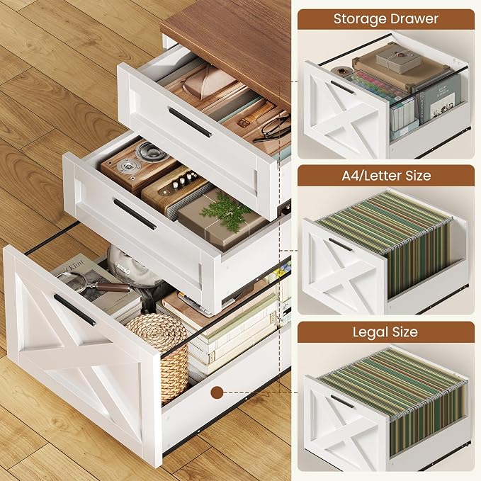 SEDETA 55.1" Farmhouse Desk with Hutch & 3 Storage Drawers | Executive Computer Desk with Storage Cabinet and Shelves, Home Office Desk with power outlet & LED Lights,White and Brown