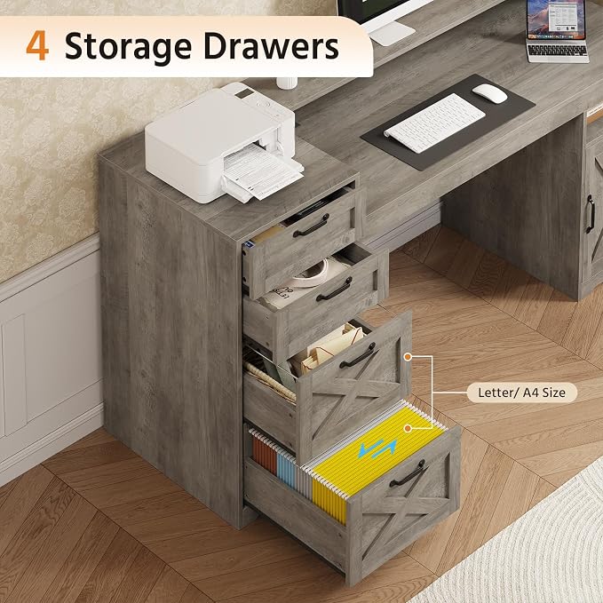 63" Farmhouse Computer Desk with 4 Drawers for Home Office, Bedroom | Executive Desk with Printer Shelf, Monitor Stand, Home Office Desks with Power Outlets, Storage Shelves, Grey