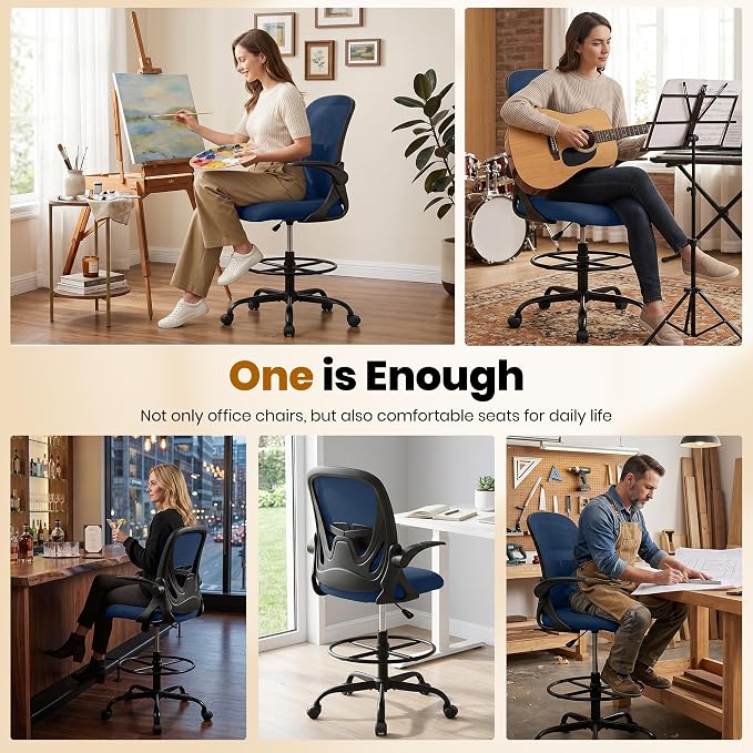 Drafting Chair Tall Office Chair with Flip-up Armrests Executive Ergonomic Computer Standing Desk Chair with Lumbar Support and Adjustable Footrest Ring (Navy)