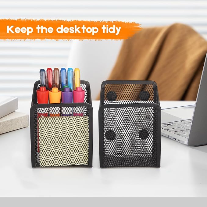 Magnetic Pencil Holder Whiteboard Pen Holder Locker Accessories (1-Slot*2) | Locker Organizer, Desk Organizer, Teacher Supplies, Mesh Basket, Strong Magnets, Black, For Fridge School Office Home