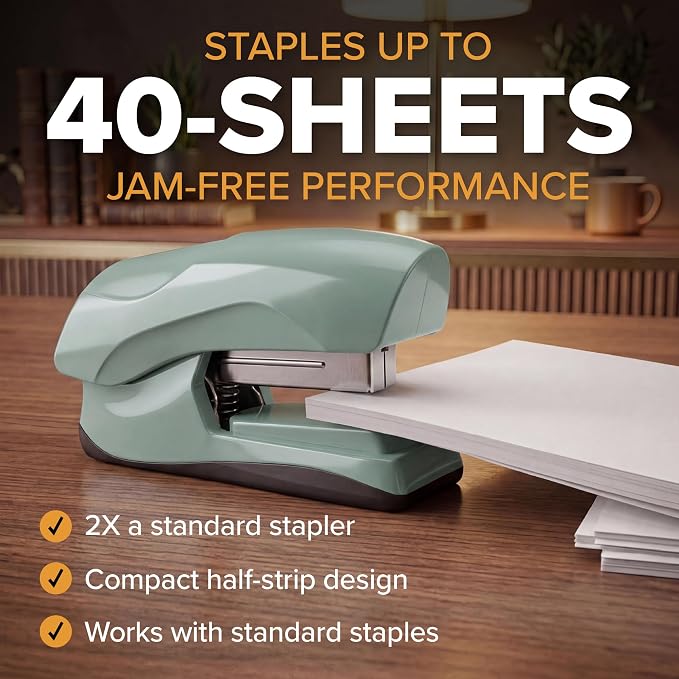 Bostitch Heavy Duty Stapler Value Pack, 40 Sheet Capacity, Sage | Half-strip, flat-clinch design opens fully for tacking bulletin boards; includes a staple remover and 5,000 staples.