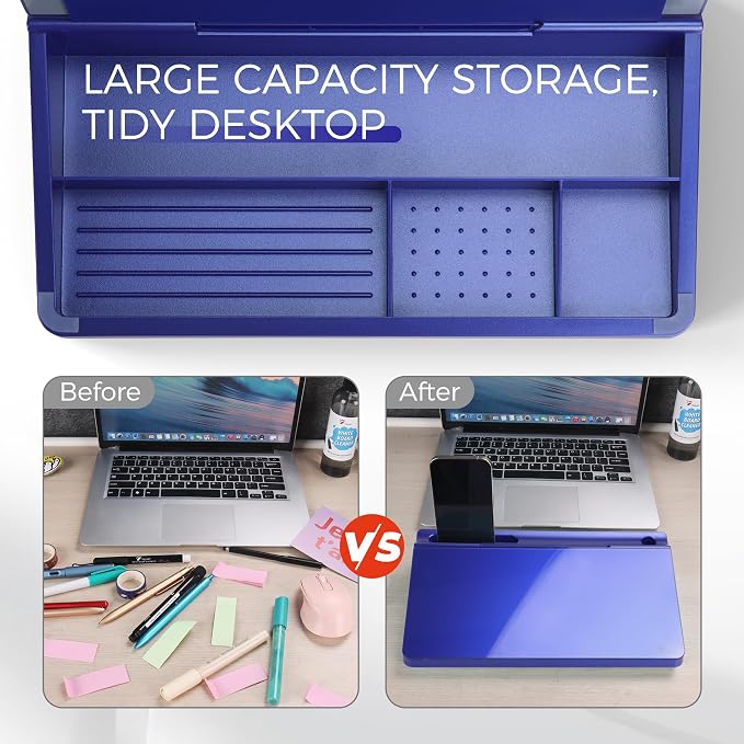 TOWON Compact Glass Desktop Whiteboard with Storage 12x7 in, Navy Blue | Glossy metallic mirror finish, 5 markers, eraser and holder included, dry erase surface for the office or home desk