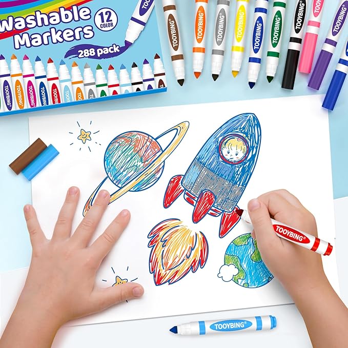 Washable Markers Bulk (288 Count), 12 Assorted Colors, Washable Markers for Kids Classroom School, Broad Tip Durable for Back to Classroom Art School Supplies Essentials