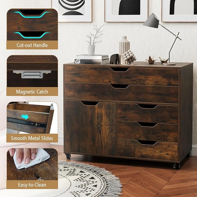 DREAMADE Rolling File Cabinet, 5-Drawer Filing Cabinet, Rustic Brown | Mobile Storage Cabinet with Door and Lockable Metal Wheels, Wood Printer Stand Organizer for Home Office and Study