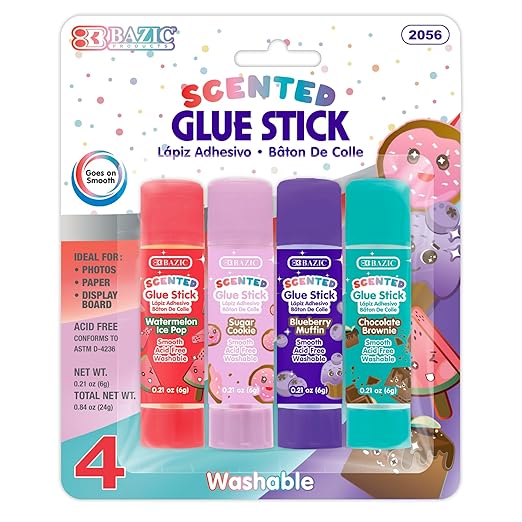 BAZIC Products Scented Glue Sticks, Washable, Assorted Scents 6 Grams, Smooth All Purpose Acid Free Clear Glue Stick for Photos Paper Kids Students at Home School Office (4/Pack), 144-Pack